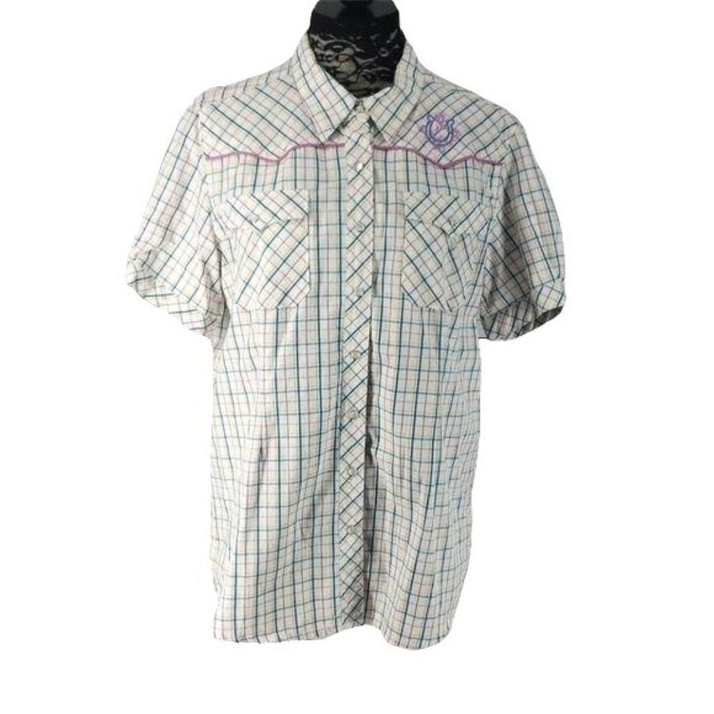 Bit & bridle plaid western large Pearl Snap down short sleeve white Blouse shirt